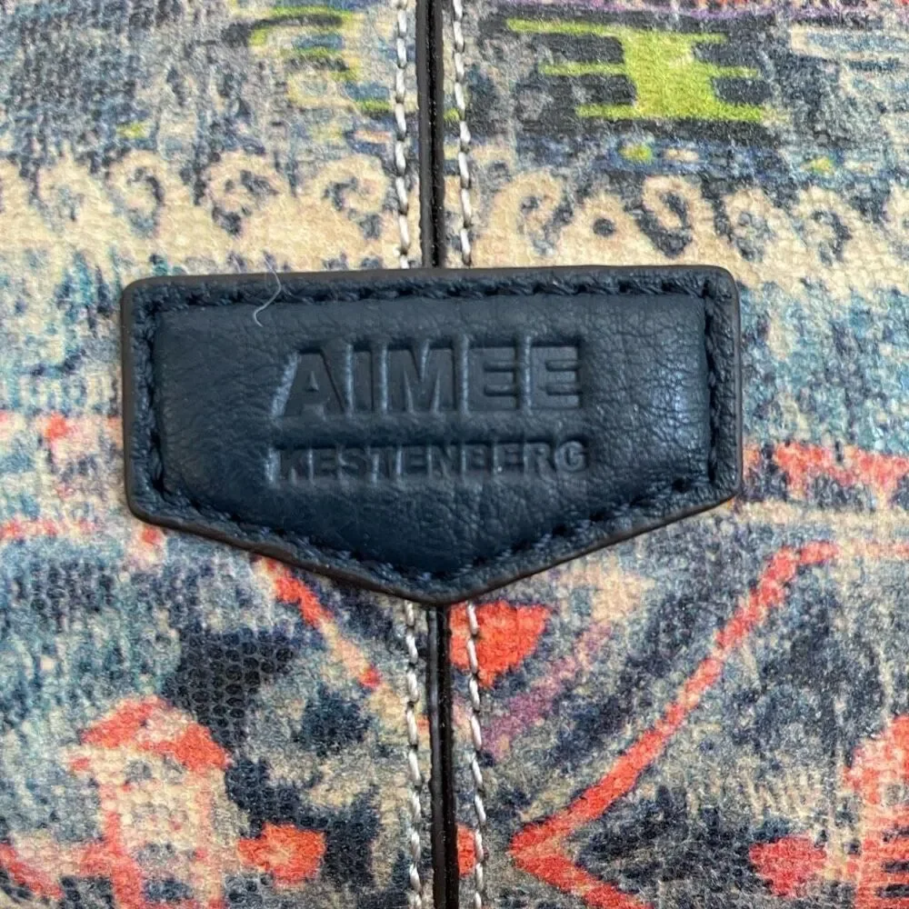 Aimee Kestenberg Coated Batik Pattern Faux Leather Dark Blue Trim Bag Purse $248